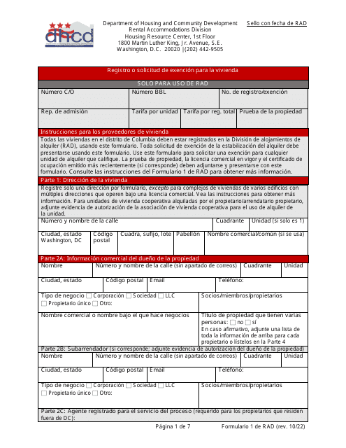 RAD Formulario 1 Registro O Solicitud De Exencion Para La Vivienda - Washington, D.C. (Spanish)