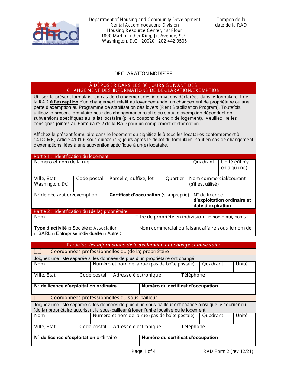 RAD Form 2 Amended Registration - Washington, D.C. (French), Page 1