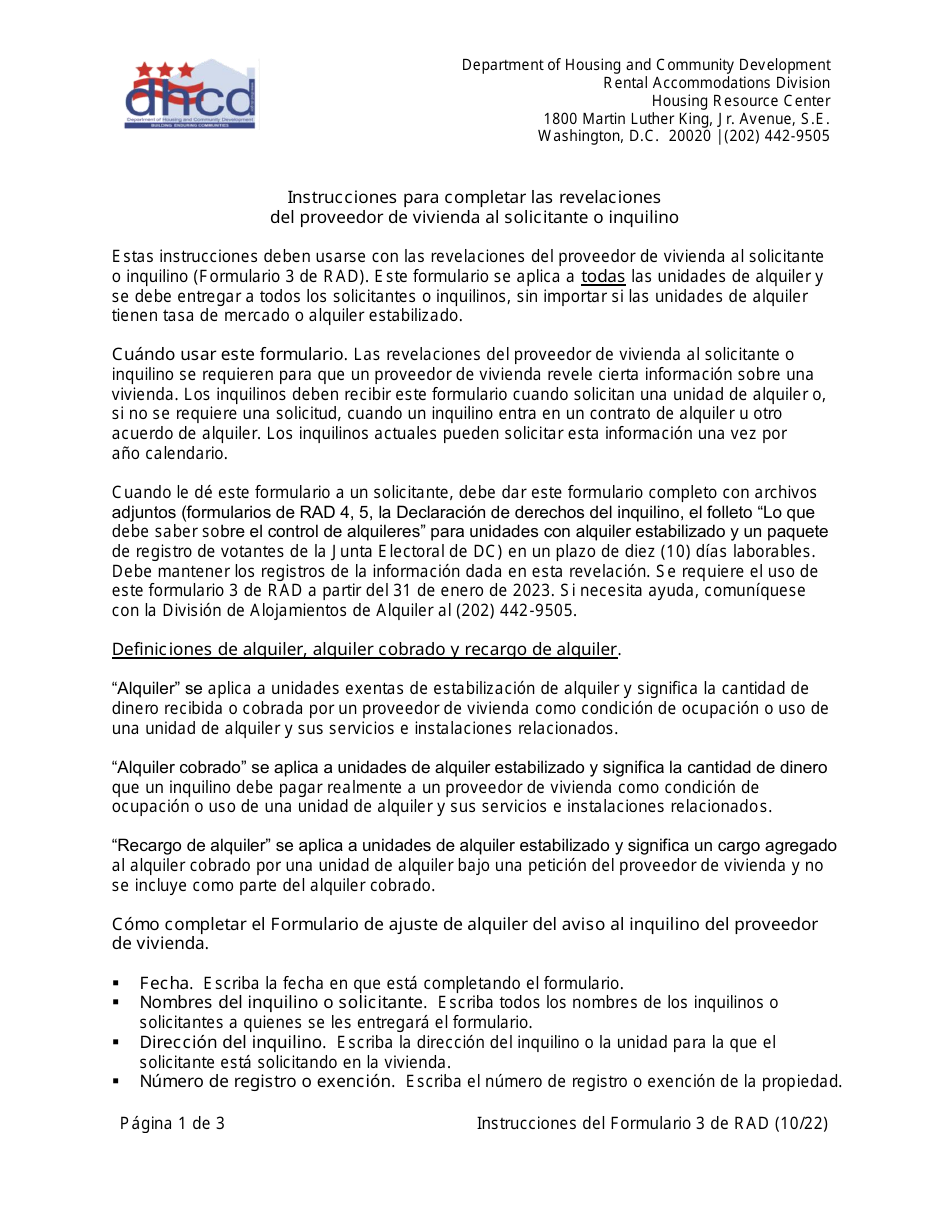 RAD Formulario 3 Registro O Solicitud De Exencion Para La Vivienda - Washington, D.C. (Spanish), Page 1