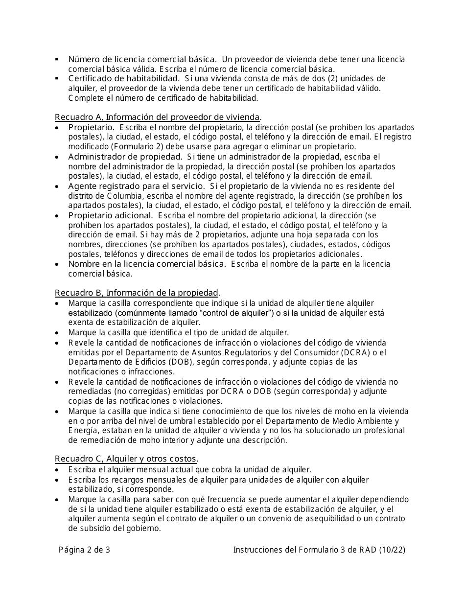 RAD Formulario 3 Registro O Solicitud De Exencion Para La Vivienda - Washington, D.C. (Spanish), Page 2