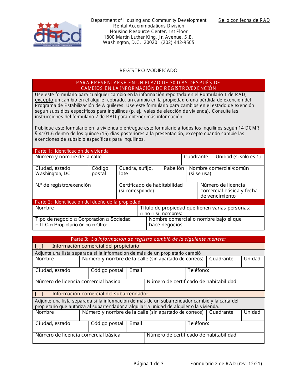 RAD Formulario 2 Registro Modificado - Washington, D.C. (Spanish), Page 1