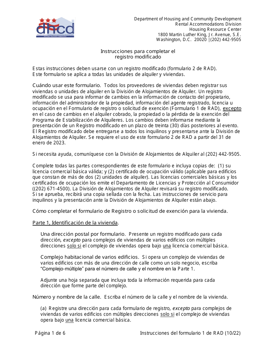 Instrucciones para RAD Formulario 2 Registro Modificado - Washington, D.C. (Spanish), Page 1