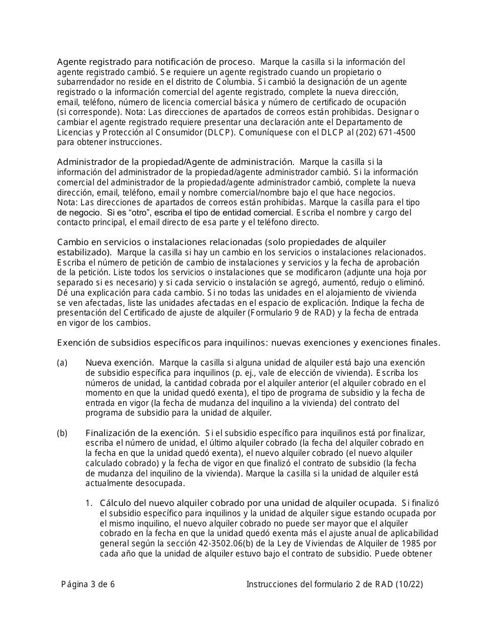Instrucciones para RAD Formulario 2 Registro Modificado - Washington, D.C. (Spanish), Page 3