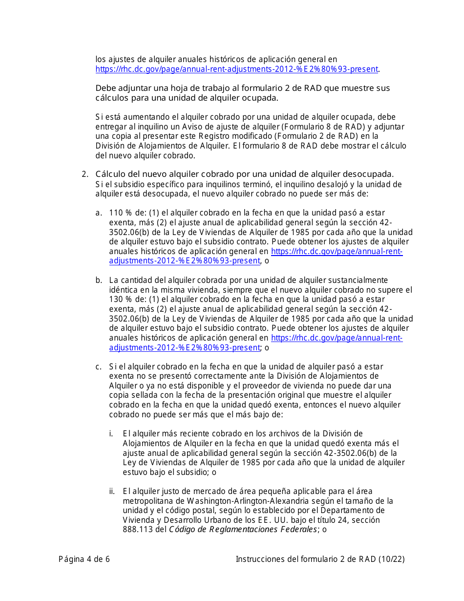 Instrucciones para RAD Formulario 2 Registro Modificado - Washington, D.C. (Spanish), Page 4