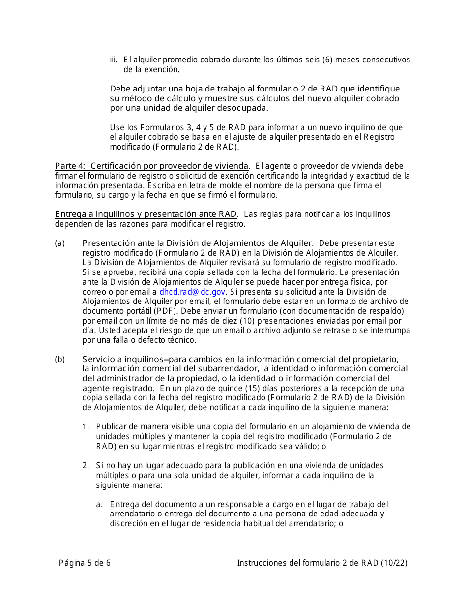 Instrucciones para RAD Formulario 2 Registro Modificado - Washington, D.C. (Spanish), Page 5