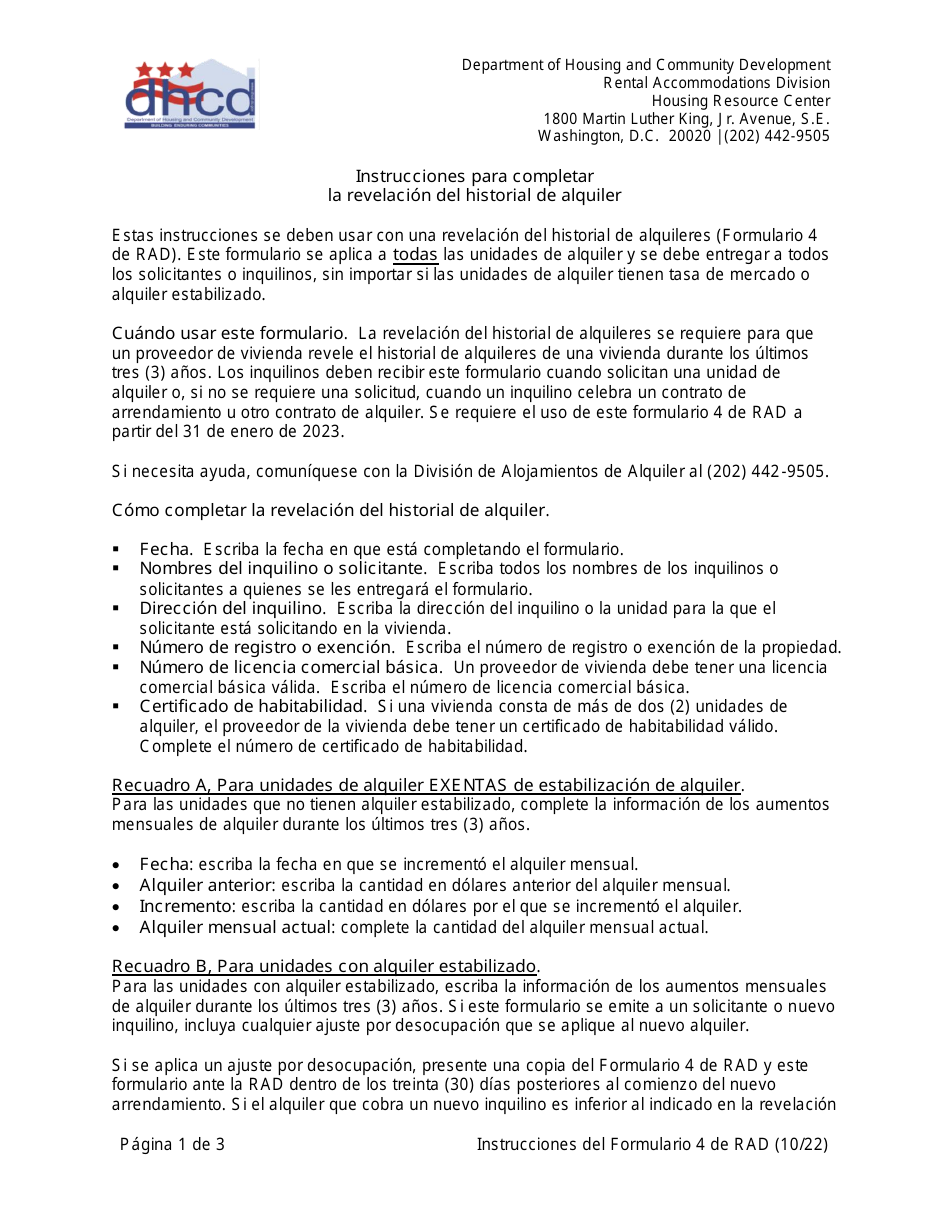 Instrucciones para RAD Formulario 4 Aviso De Acceso a Registros - Washington, D.C. (Spanish), Page 1