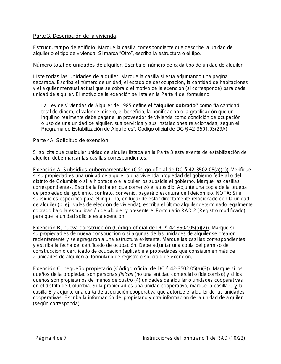 Instrucciones para RAD Formulario 1 Registro O Solicitud De Exencion Para La Vivienda - Washington, D.C. (Spanish), Page 4
