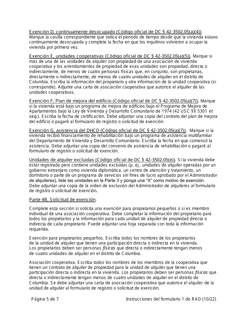 Instrucciones para RAD Formulario 1 Registro O Solicitud De Exencion Para La Vivienda - Washington, D.C. (Spanish), Page 5