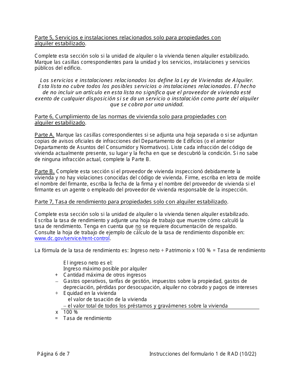 Instrucciones para RAD Formulario 1 Registro O Solicitud De Exencion Para La Vivienda - Washington, D.C. (Spanish), Page 6