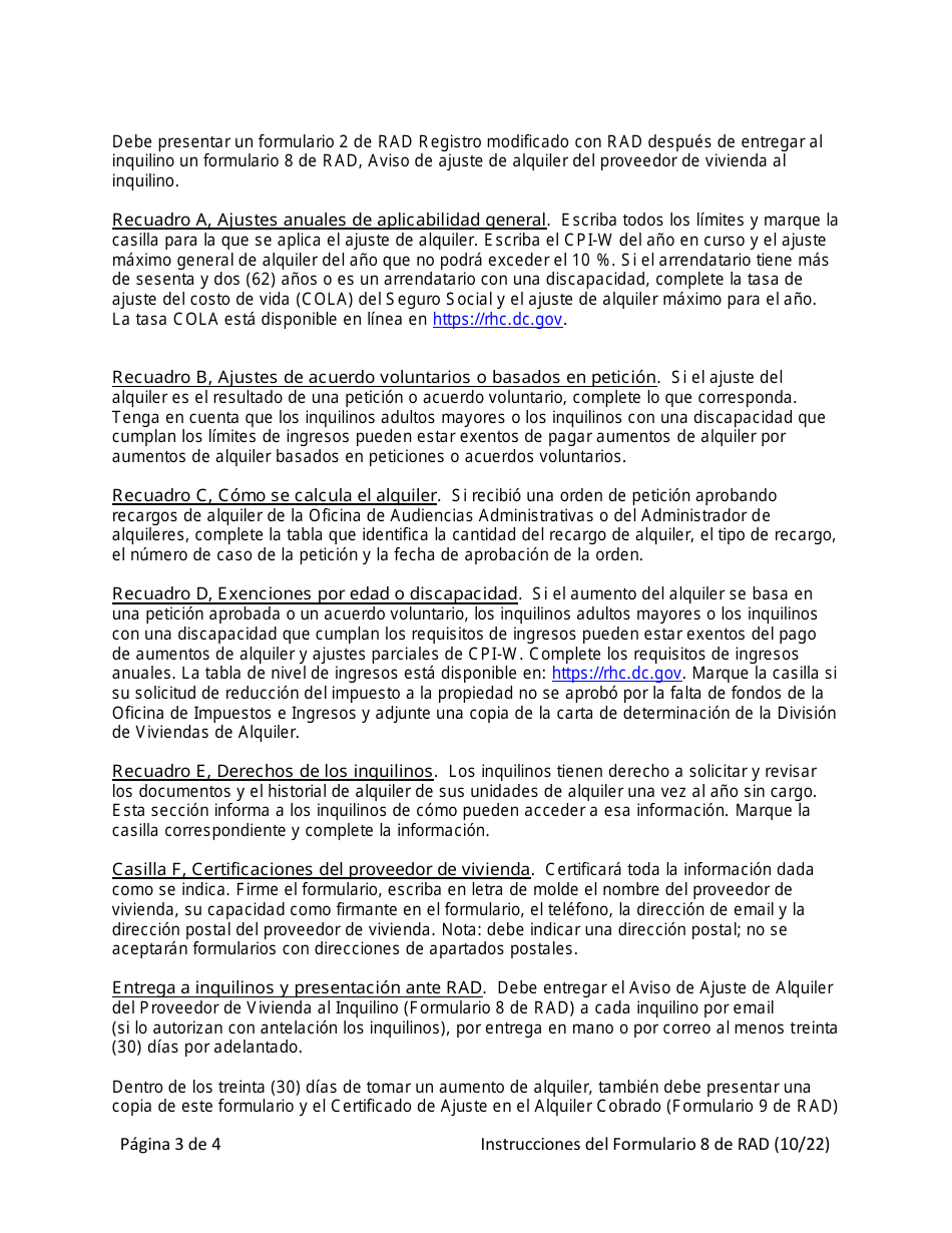 Instrucciones para RAD Formulario 8 Aviso Del Proveedor De Vivienda Al Inquilino Sobre Ajuste De Alquiler (Solo Para Propiedades De Alquiler Estabilizado) - Washington, D.C. (Spanish), Page 3