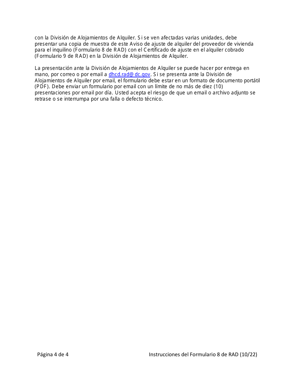 Instrucciones para RAD Formulario 8 Aviso Del Proveedor De Vivienda Al Inquilino Sobre Ajuste De Alquiler (Solo Para Propiedades De Alquiler Estabilizado) - Washington, D.C. (Spanish), Page 4