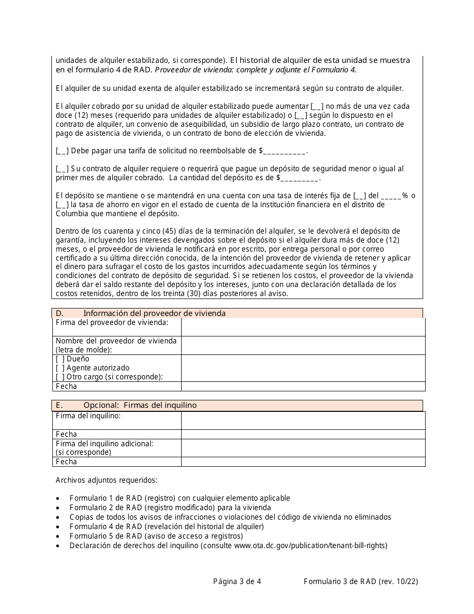 RAD Formulario 3 Revelaciones Del Proveedor De Vivienda Al Solicitante O Inquilino (Para Todas Las Unidades De Alquiler) - Washington, D.C. (Spanish), Page 3