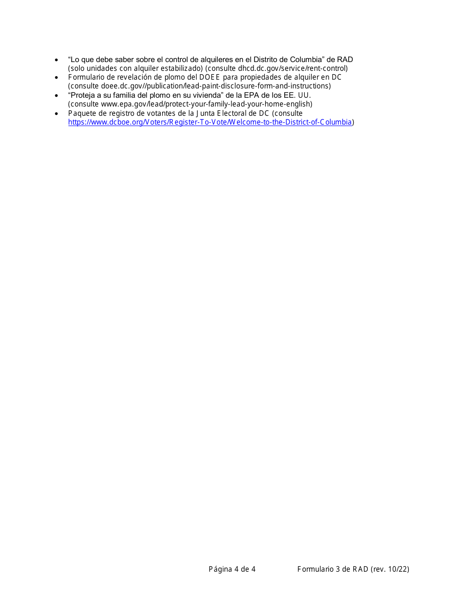 RAD Formulario 3 Revelaciones Del Proveedor De Vivienda Al Solicitante O Inquilino (Para Todas Las Unidades De Alquiler) - Washington, D.C. (Spanish), Page 4