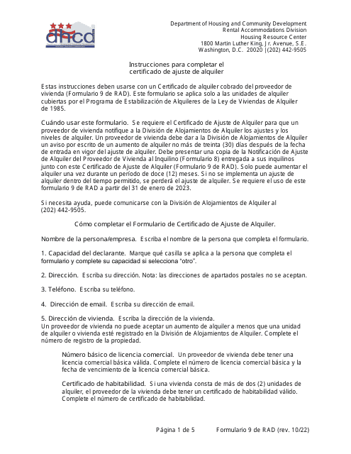 Instrucciones para RAD Formulario 9 Certificado De Ajuste De Alquiler - Washington, D.C. (Spanish)