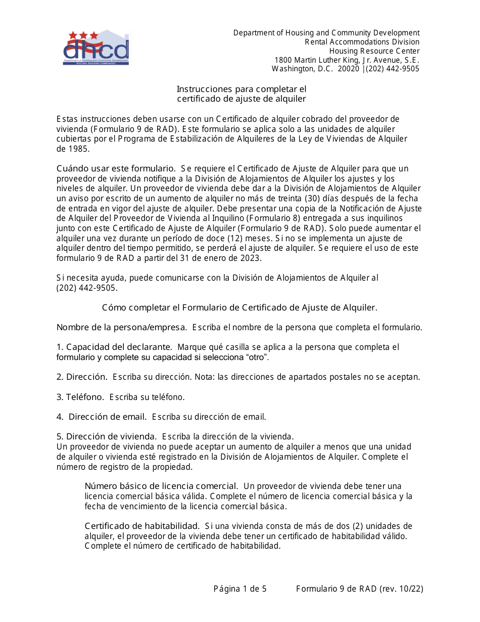 Instrucciones para RAD Formulario 9 Certificado De Ajuste De Alquiler - Washington, D.C. (Spanish), Page 1