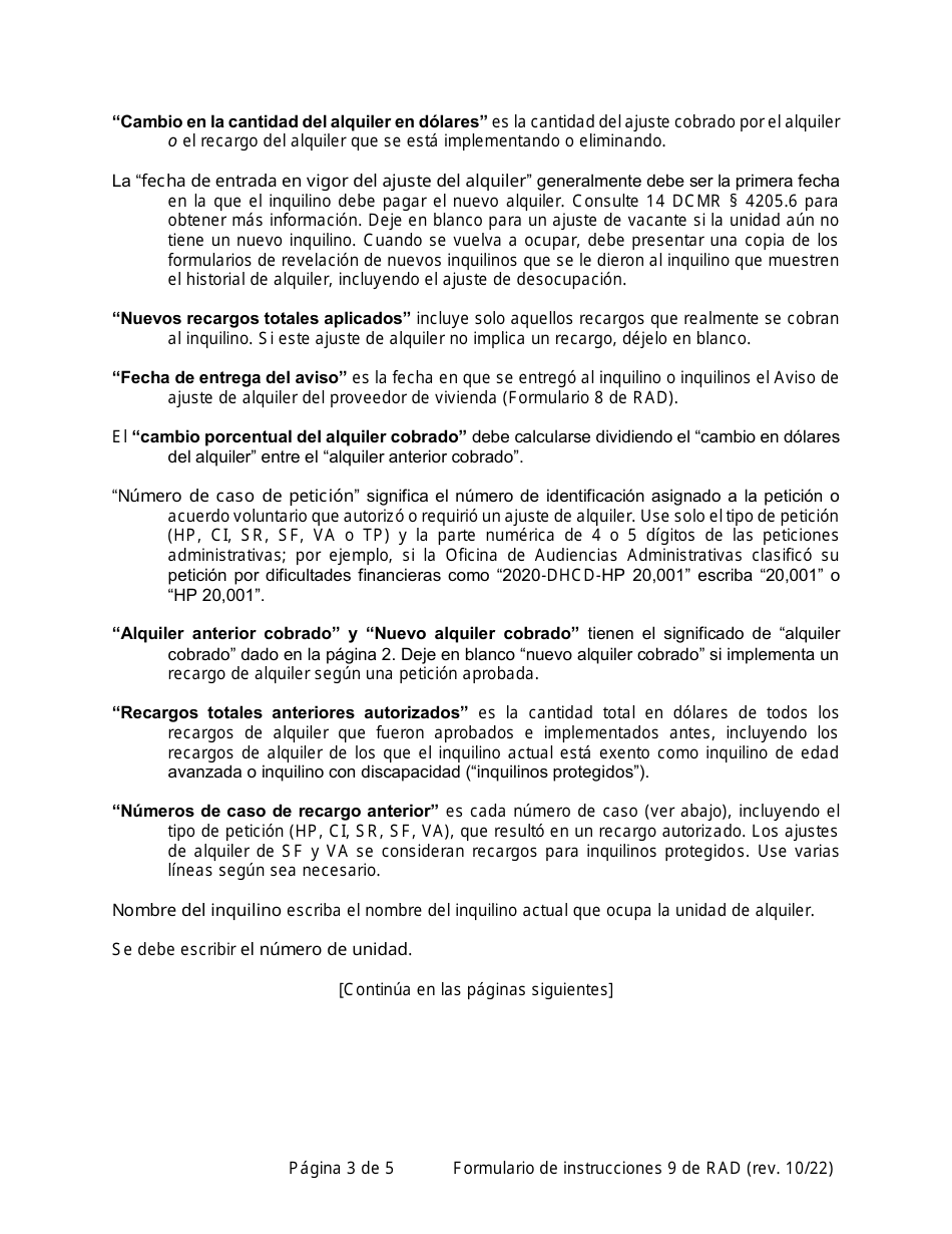 Instrucciones para RAD Formulario 9 Certificado De Ajuste De Alquiler - Washington, D.C. (Spanish), Page 3