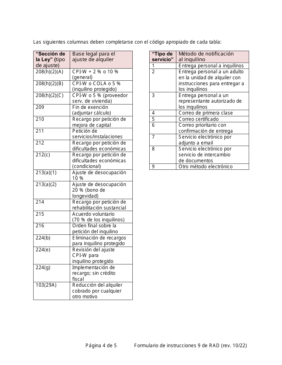 Instrucciones para RAD Formulario 9 Certificado De Ajuste De Alquiler - Washington, D.C. (Spanish), Page 4