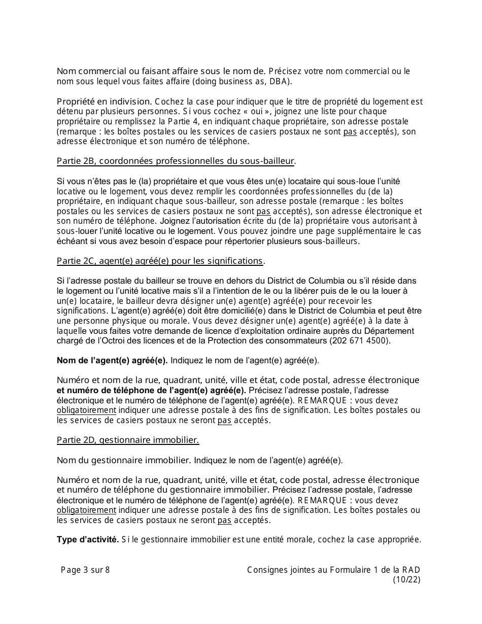 Instructions for RAD Form 1 Registration Claim of Exemption Form - Washington, D.C. (French), Page 3