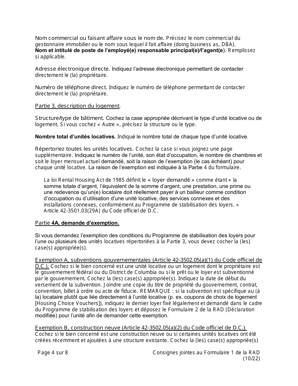 Instructions for RAD Form 1 Registration Claim of Exemption Form - Washington, D.C. (French), Page 4