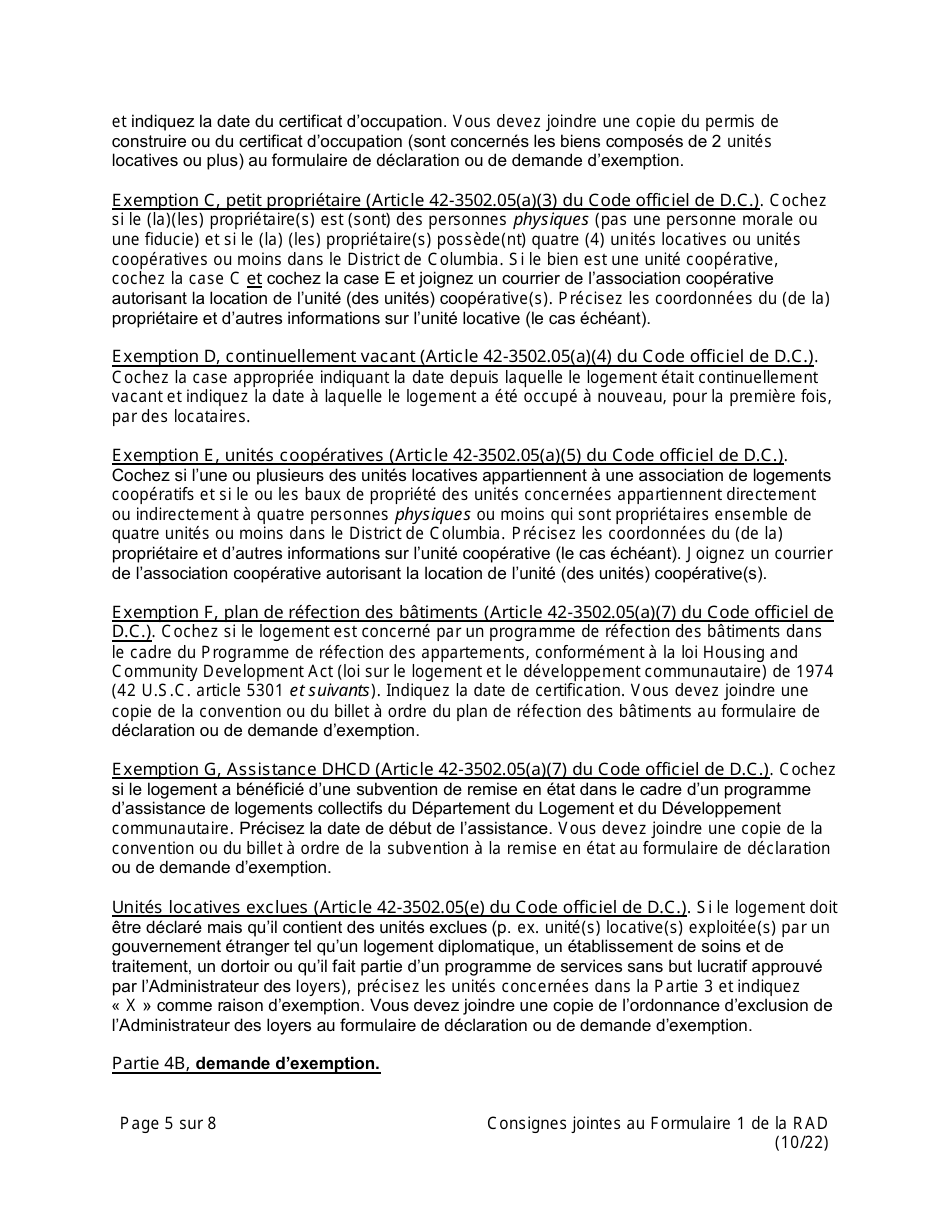 Instructions for RAD Form 1 Registration Claim of Exemption Form - Washington, D.C. (French), Page 5