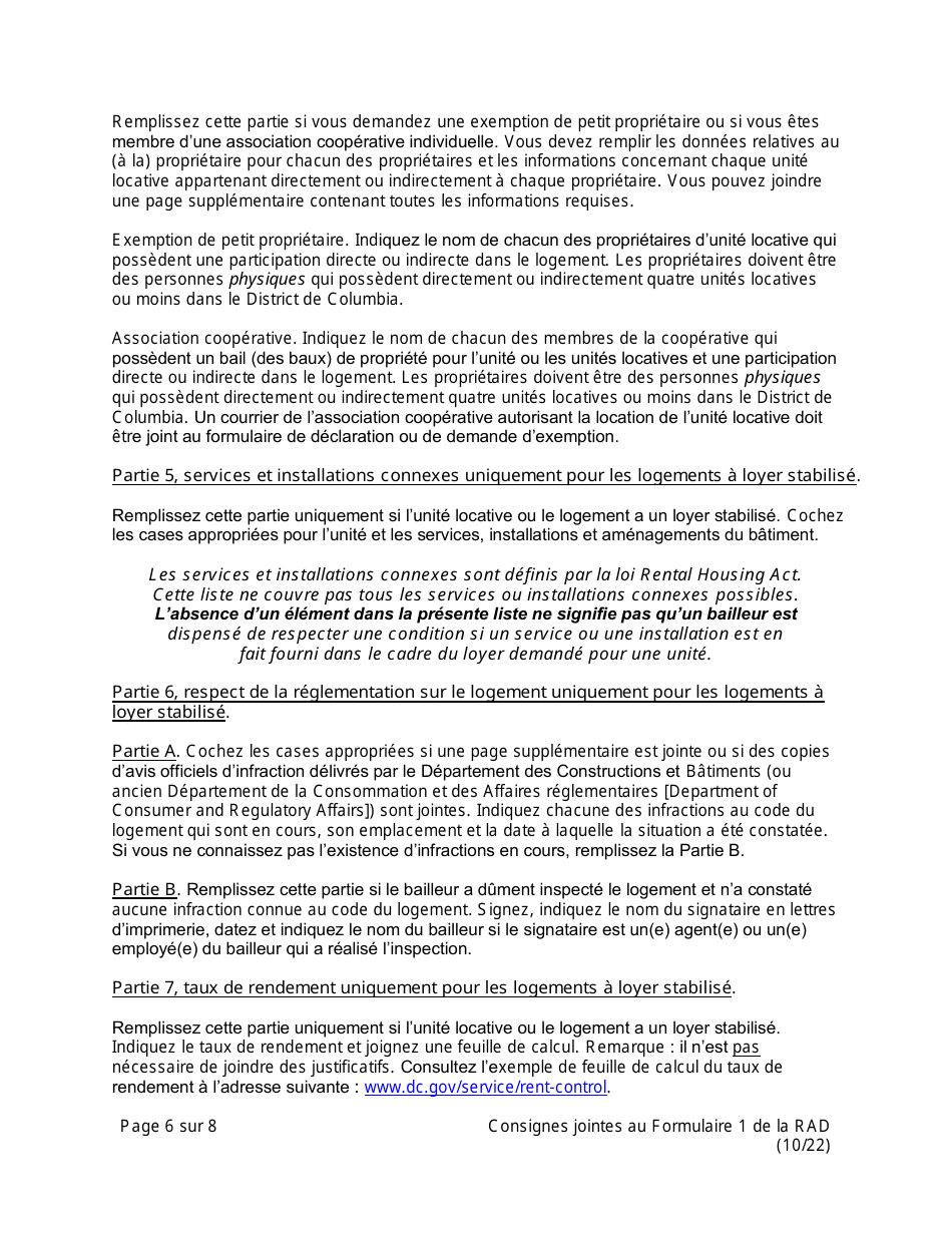 Instructions for RAD Form 1 Registration Claim of Exemption Form - Washington, D.C. (French), Page 6
