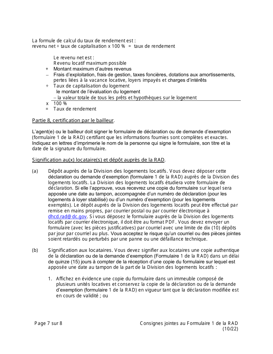 Instructions for RAD Form 1 Registration Claim of Exemption Form - Washington, D.C. (French), Page 7