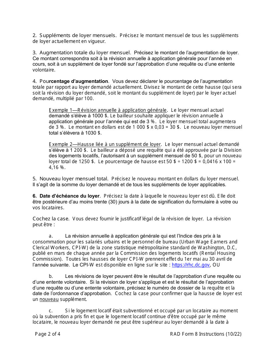 Instructions for RAD Form 8 Housing Providers Notice to Tenant of Rent Adjustment - Washington, D.C. (French), Page 2