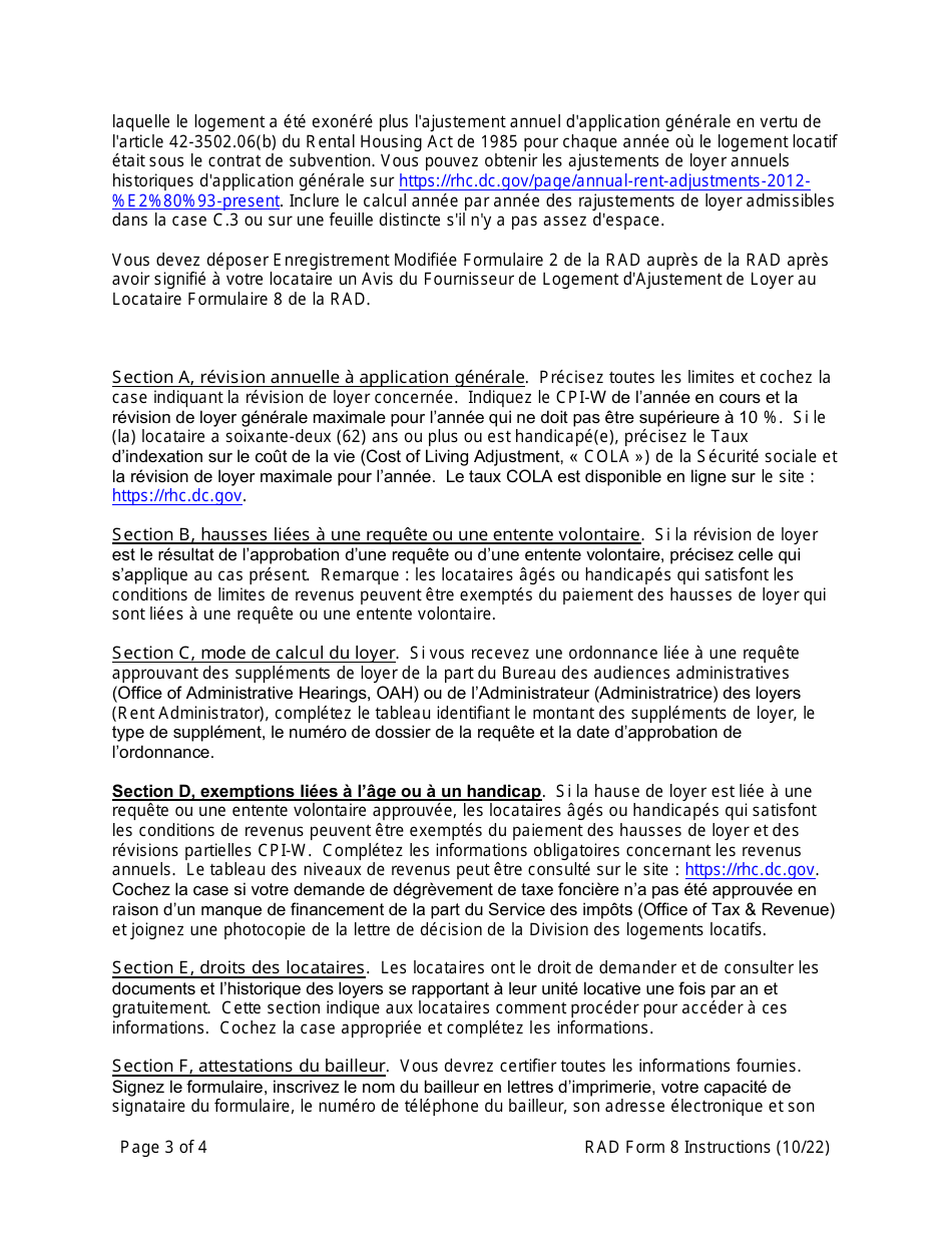 Instructions for RAD Form 8 Housing Providers Notice to Tenant of Rent Adjustment - Washington, D.C. (French), Page 3