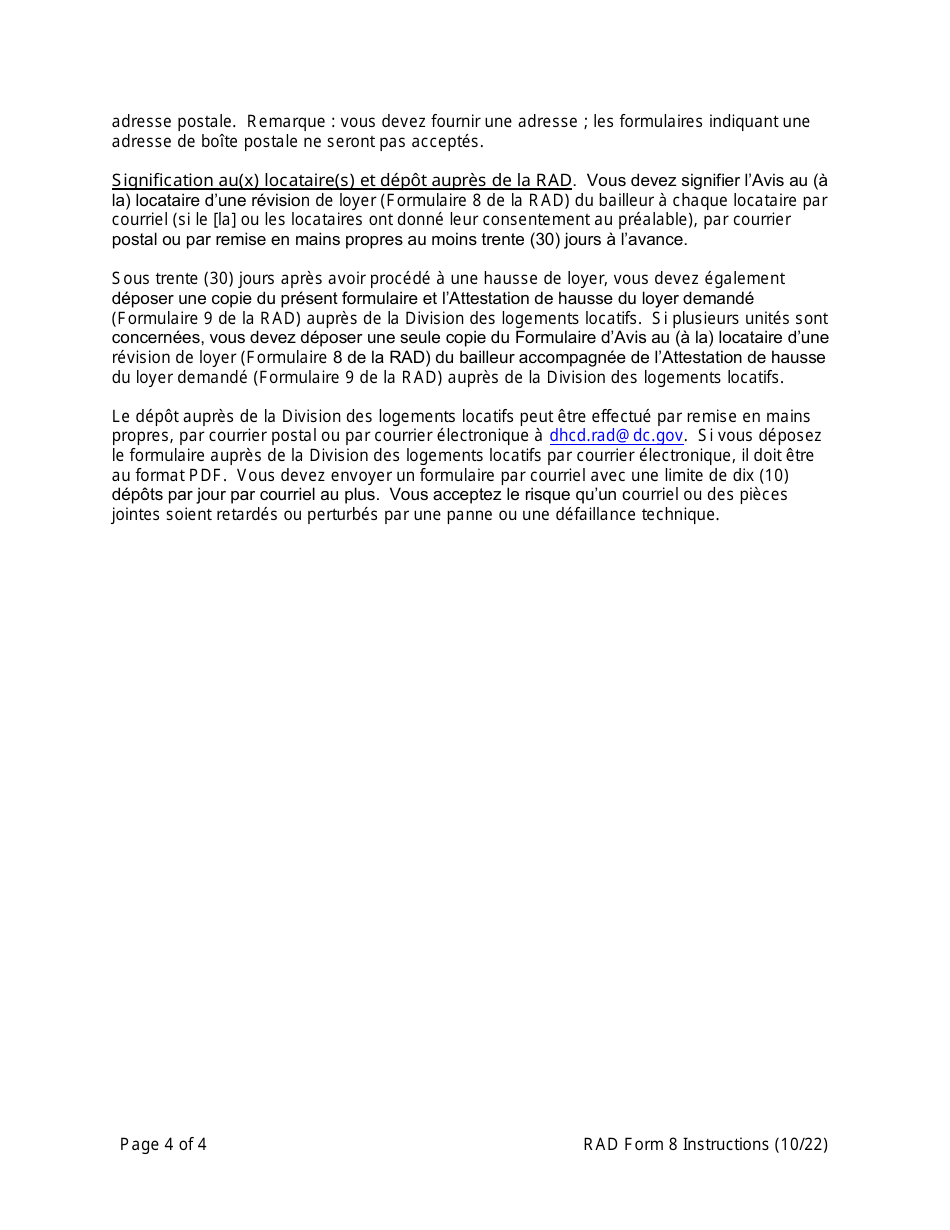 Instructions for RAD Form 8 Housing Providers Notice to Tenant of Rent Adjustment - Washington, D.C. (French), Page 4