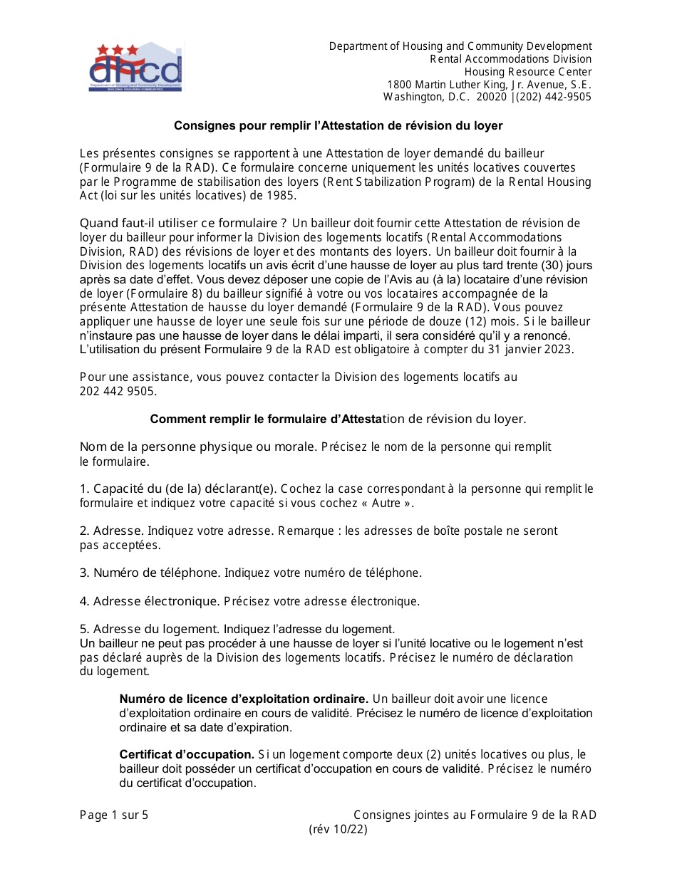 Instructions for RAD Form 9 Certificate of Rent Adjustment - Washington, D.C. (French), Page 1