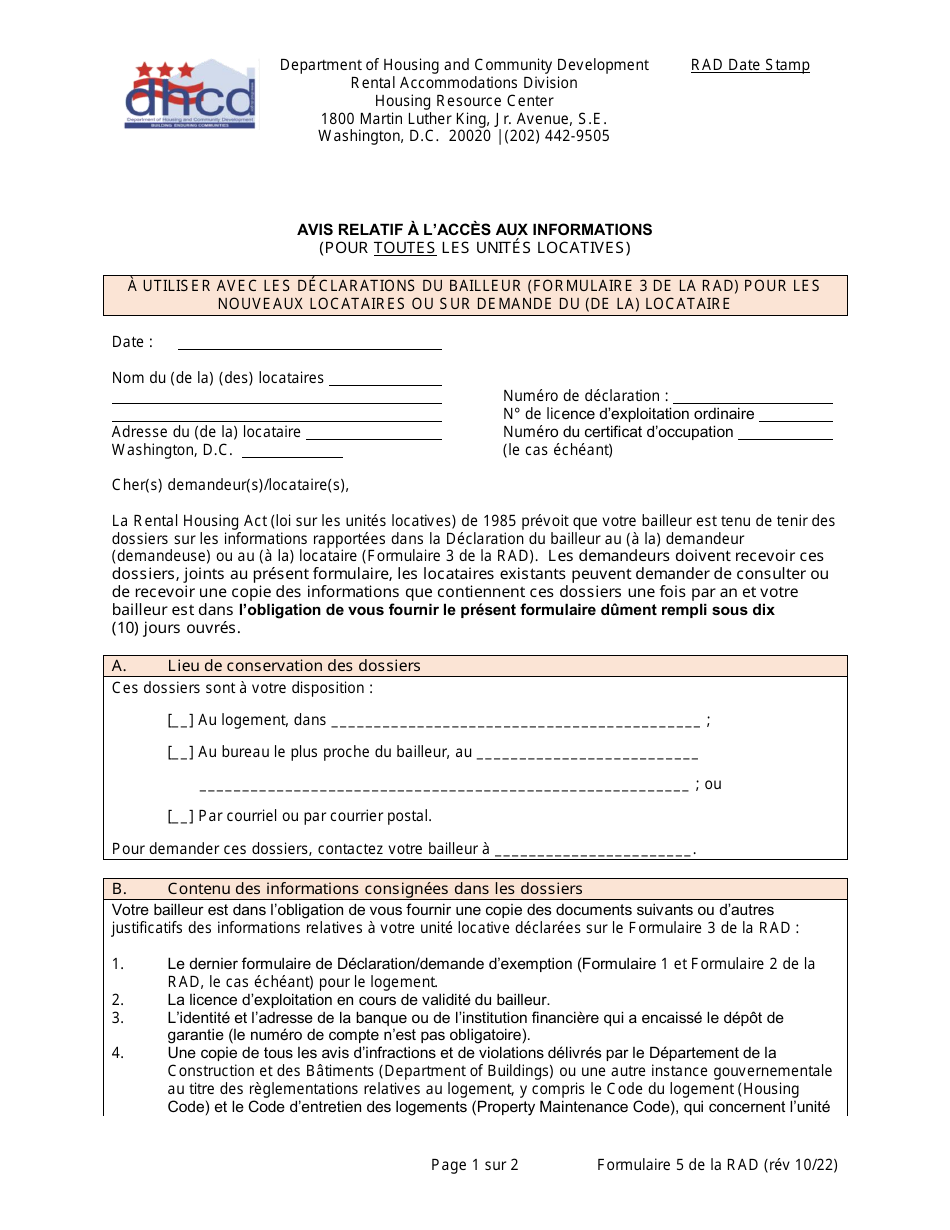 RAD Form 5 Notice of Access to Records - Washington, D.C. (French), Page 1