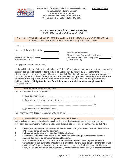 RAD Form 5 Notice of Access to Records - Washington, D.C. (French)