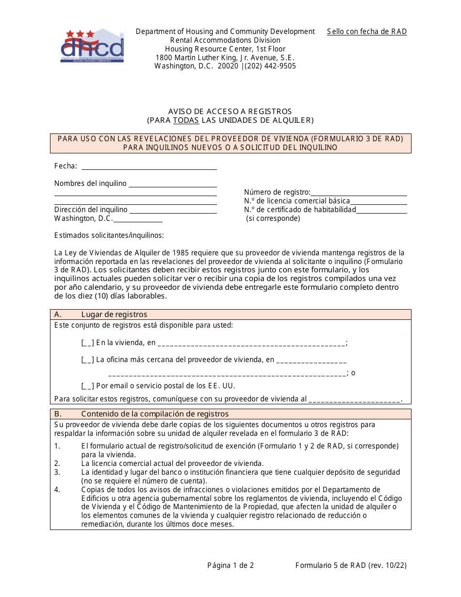 RAD Formulario 5 Aviso De Acceso a Registros - Washington, D.C. (Spanish), Page 1