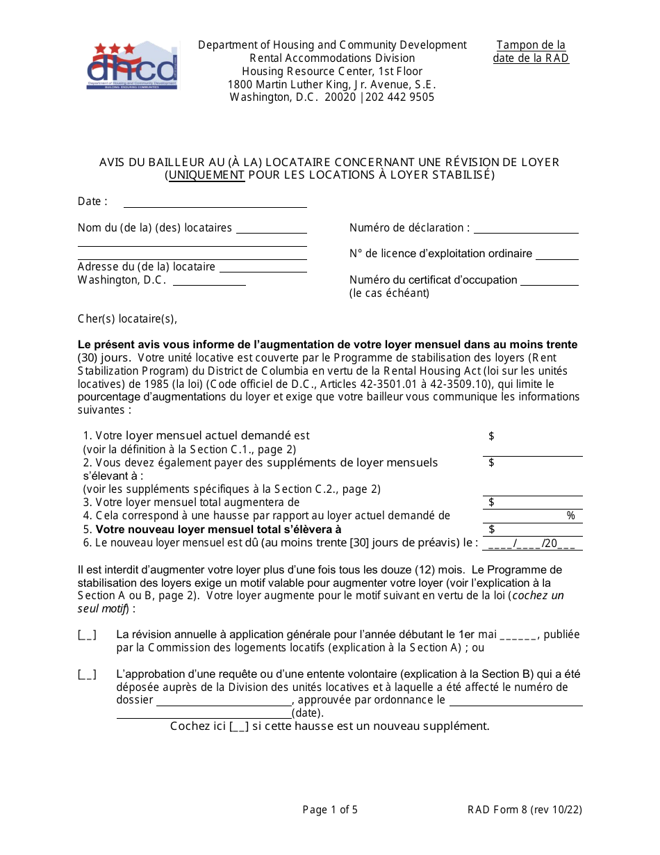 RAD Form 8 Housing Providers Notice to Tenant of Rent Adjustment - Washington, D.C. (French), Page 1
