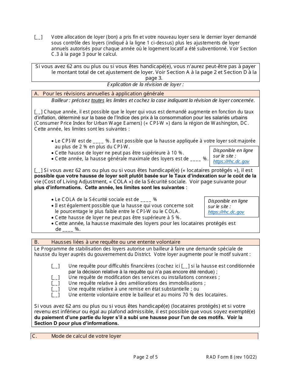 RAD Form 8 Housing Providers Notice to Tenant of Rent Adjustment - Washington, D.C. (French), Page 2