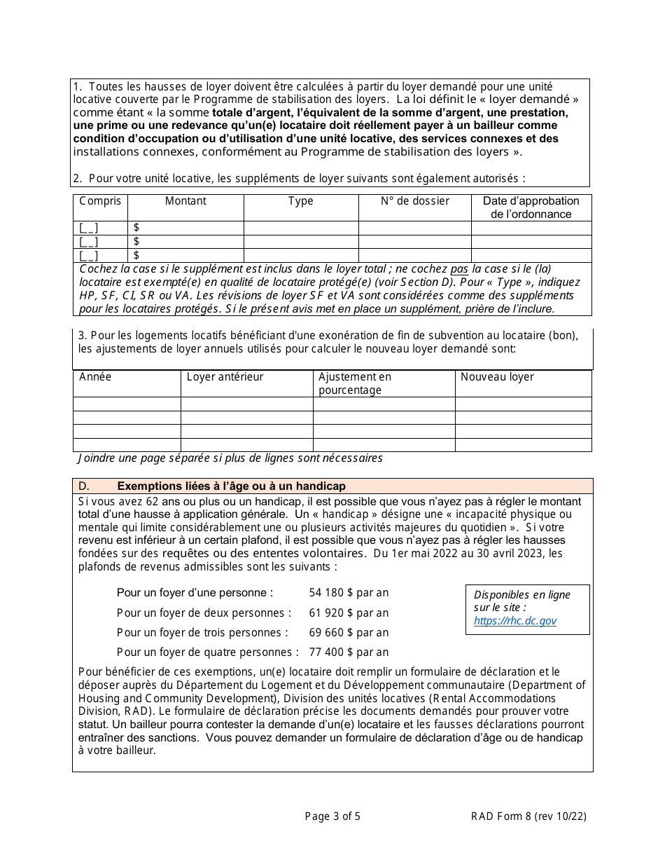 RAD Form 8 Housing Providers Notice to Tenant of Rent Adjustment - Washington, D.C. (French), Page 3