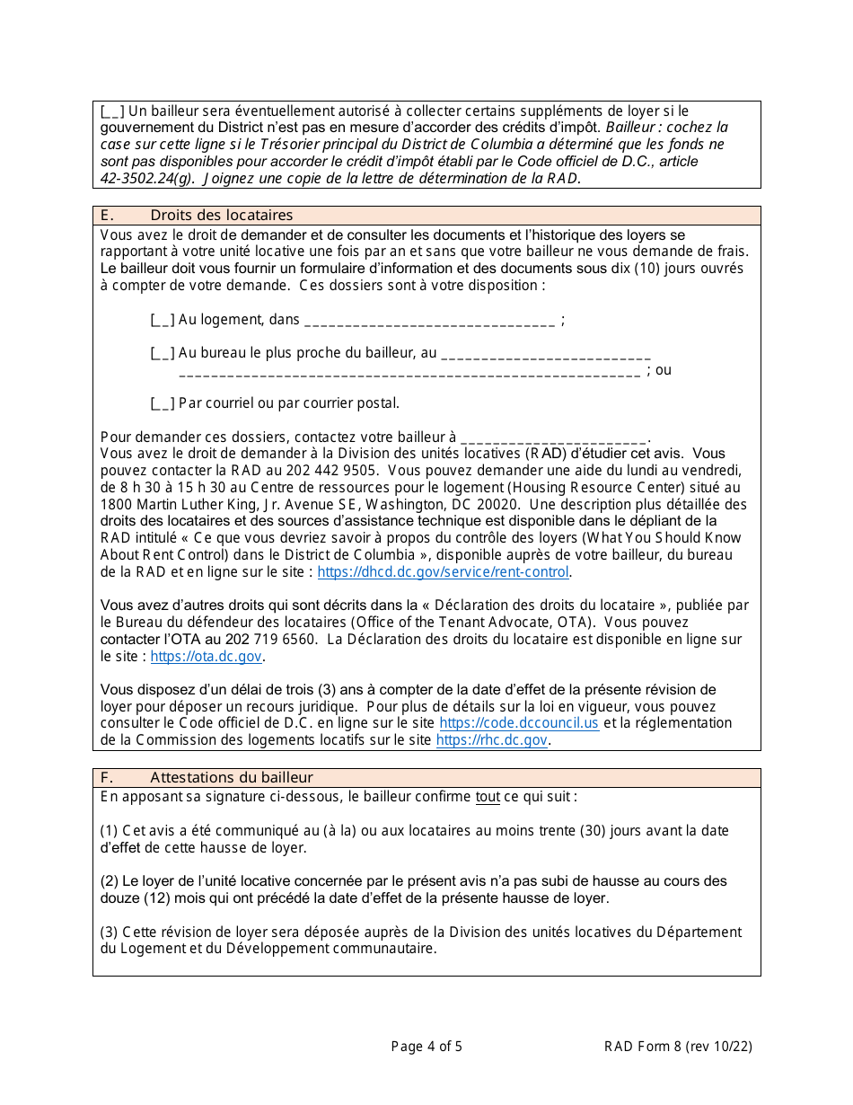 RAD Form 8 Housing Providers Notice to Tenant of Rent Adjustment - Washington, D.C. (French), Page 4