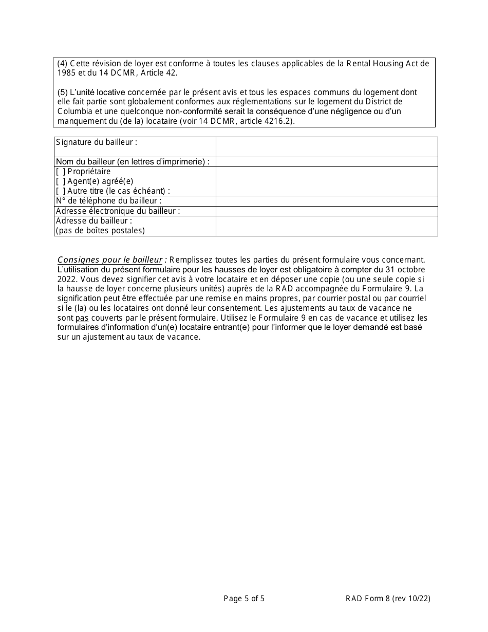 RAD Form 8 Housing Providers Notice to Tenant of Rent Adjustment - Washington, D.C. (French), Page 5