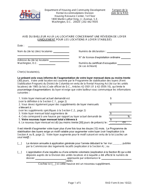 RAD Form 8 Housing Provider's Notice to Tenant of Rent Adjustment - Washington, D.C. (French)