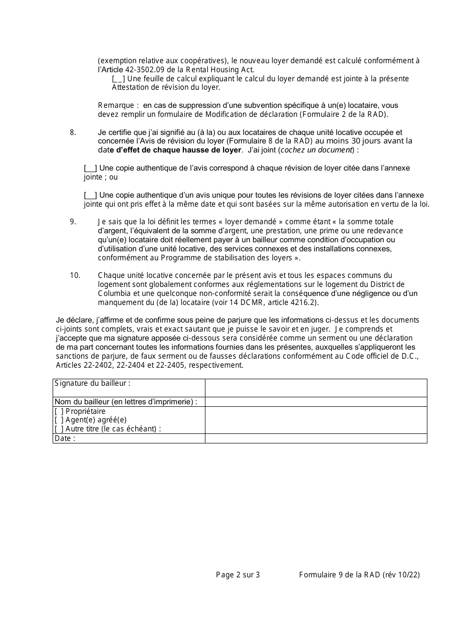 RAD Form 9 Certificate of Rent Adjustment - Washington, D.C. (French), Page 2
