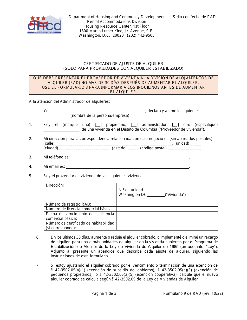 RAD Formulario 9 Certificado De Ajuste De Alquiler - Washington, D.C. (Spanish), Page 1