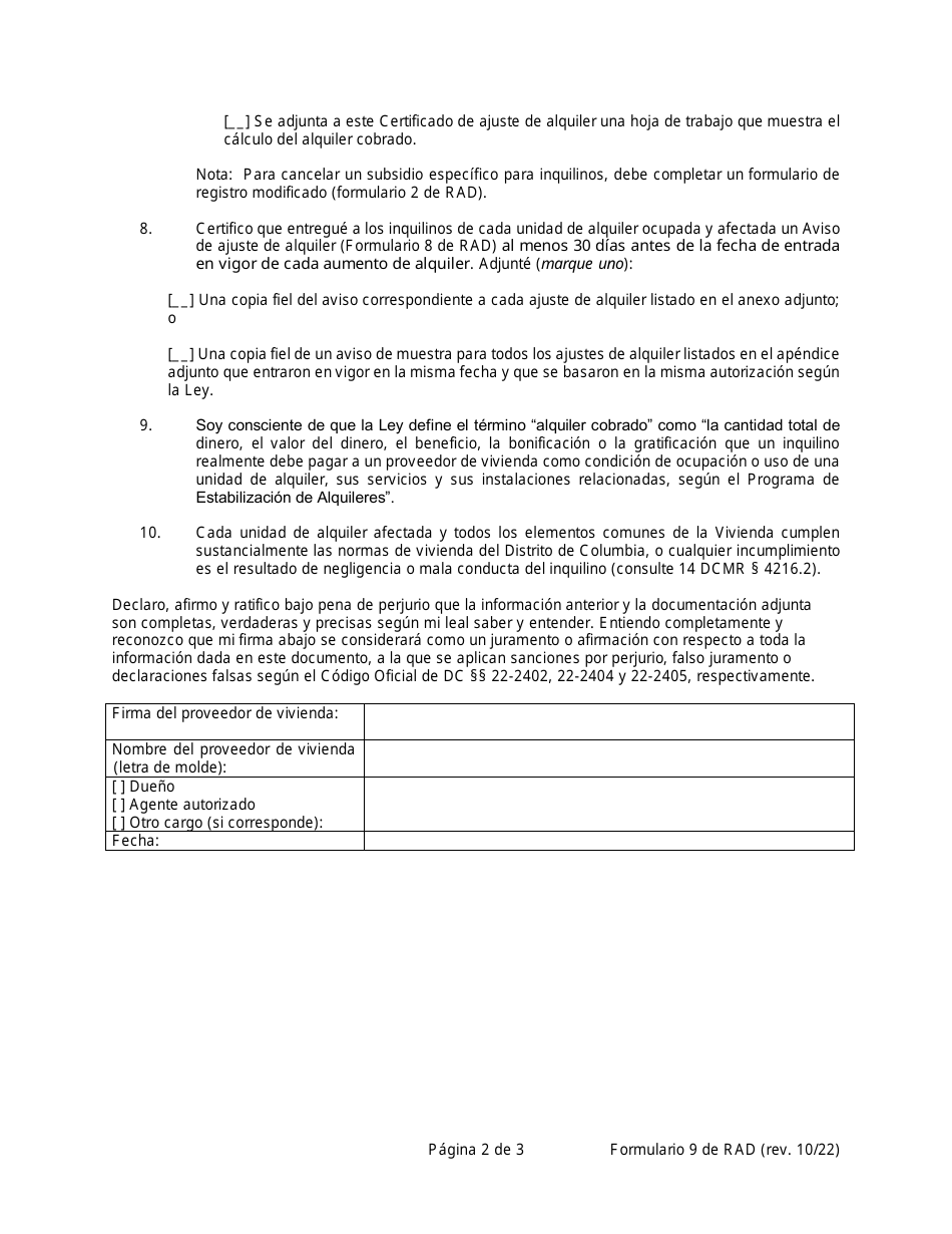 RAD Formulario 9 Certificado De Ajuste De Alquiler - Washington, D.C. (Spanish), Page 2