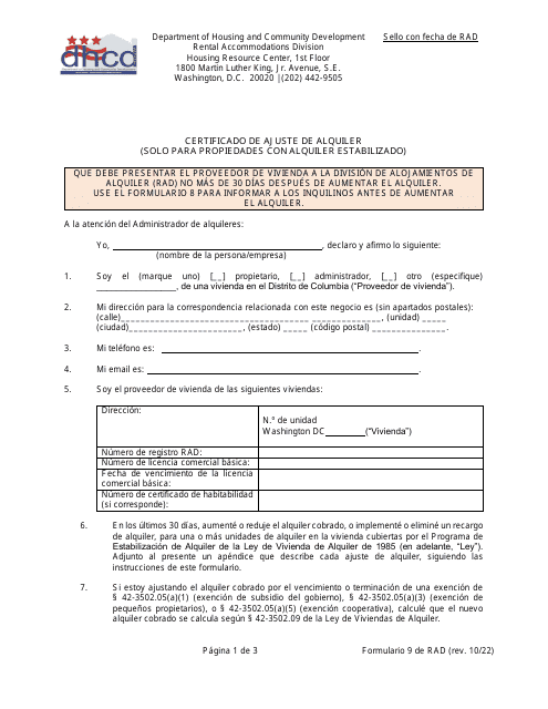RAD Formulario 9 Certificado De Ajuste De Alquiler - Washington, D.C. (Spanish)