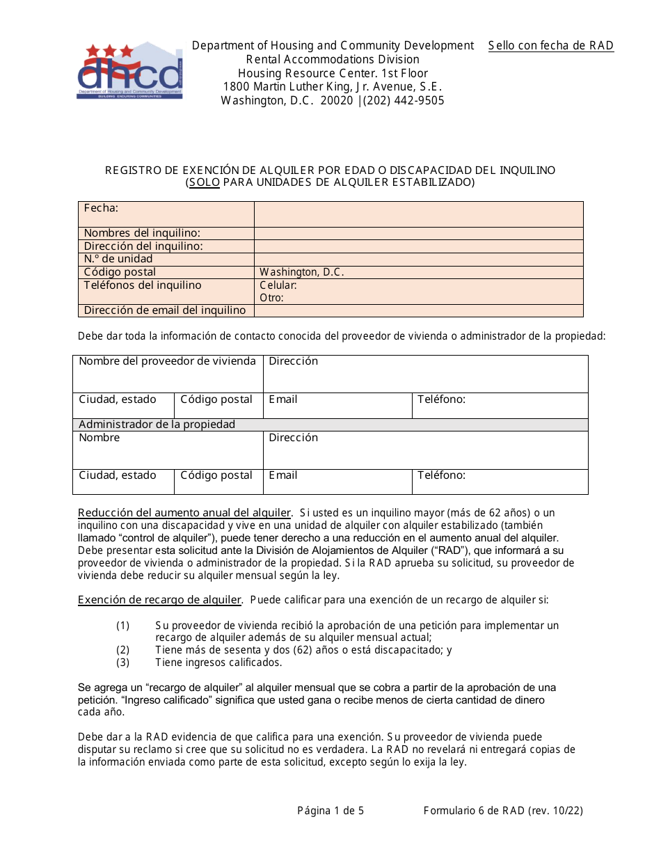 RAD Formulario 6 Registro De Exencion De Alquiler Por Edad O Discapacidad Del Inquilino (Solo Para Unidades De Alquiler Estabilizado) - Washington, D.C. (Spanish), Page 1