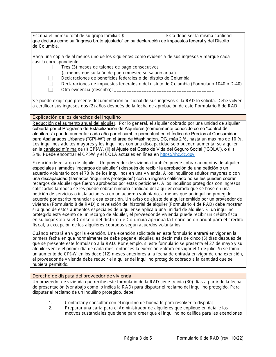 RAD Formulario 6 Registro De Exencion De Alquiler Por Edad O Discapacidad Del Inquilino (Solo Para Unidades De Alquiler Estabilizado) - Washington, D.C. (Spanish), Page 3