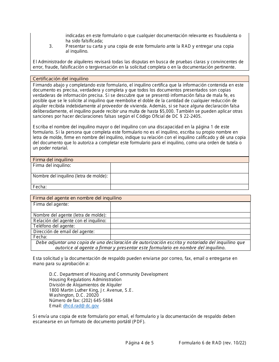 RAD Formulario 6 Registro De Exencion De Alquiler Por Edad O Discapacidad Del Inquilino (Solo Para Unidades De Alquiler Estabilizado) - Washington, D.C. (Spanish), Page 4
