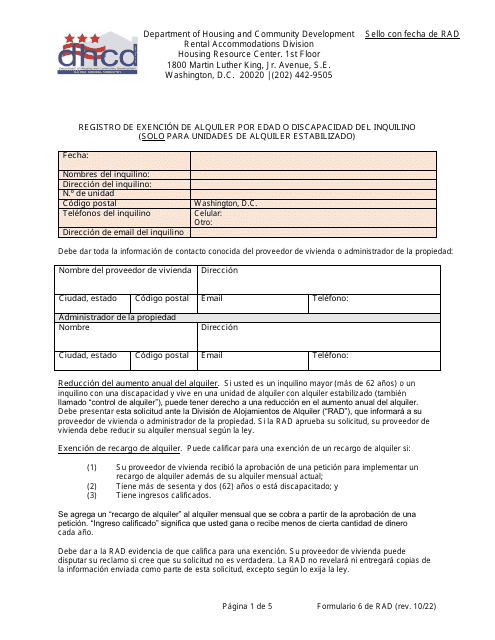 RAD Formulario 6 Registro De Exencion De Alquiler Por Edad O Discapacidad Del Inquilino (Solo Para Unidades De Alquiler Estabilizado) - Washington, D.C. (Spanish)