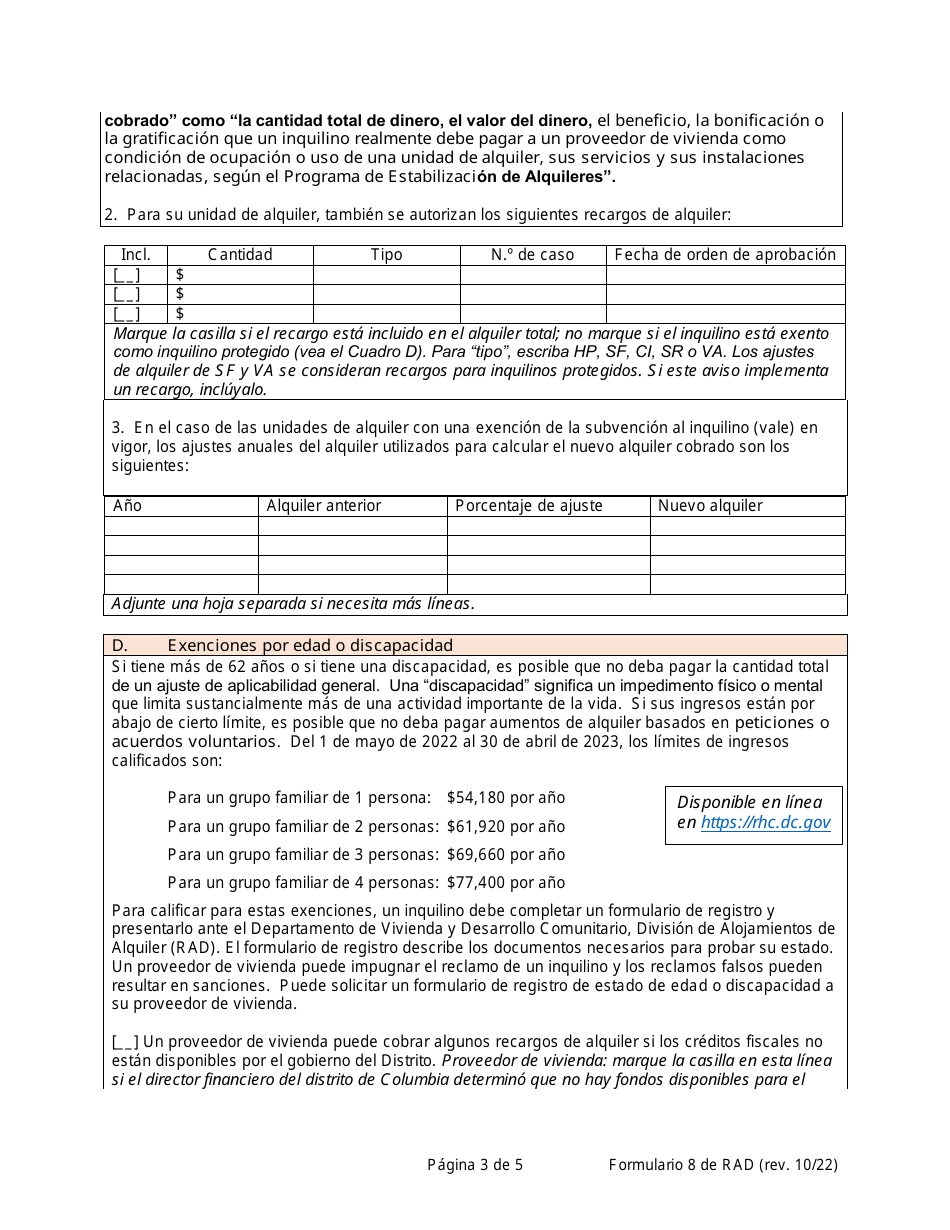 RAD Formulario 8 Aviso Del Proveedor De Vivienda Al Inquilino Sobre Ajuste De Alquiler (Solo Para Propiedades De Alquiler Estabilizado) - Washington, D.C. (Spanish), Page 3
