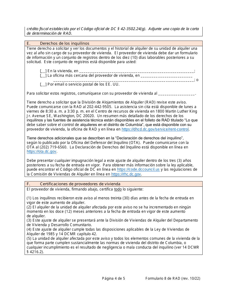 RAD Formulario 8 Aviso Del Proveedor De Vivienda Al Inquilino Sobre Ajuste De Alquiler (Solo Para Propiedades De Alquiler Estabilizado) - Washington, D.C. (Spanish), Page 4
