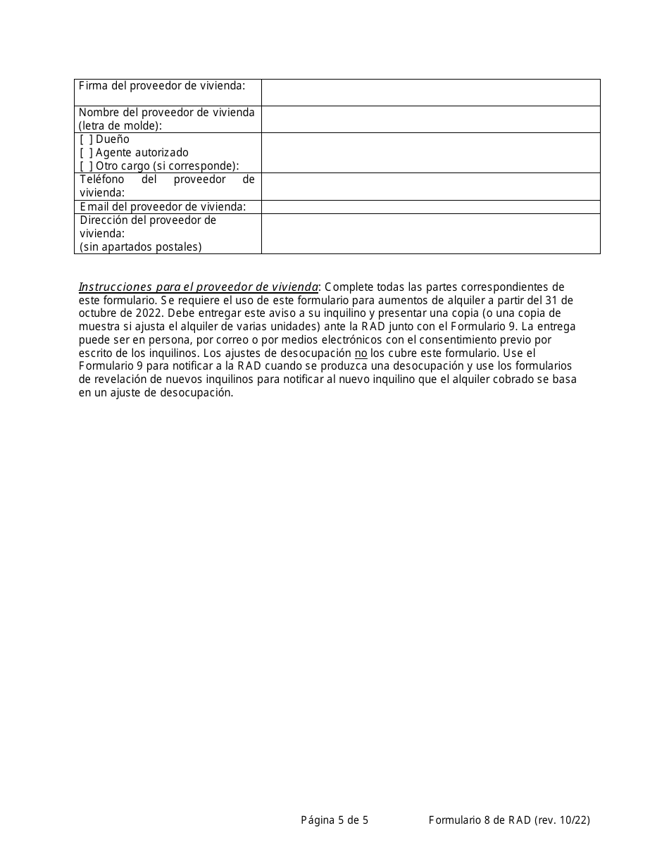 RAD Formulario 8 Aviso Del Proveedor De Vivienda Al Inquilino Sobre Ajuste De Alquiler (Solo Para Propiedades De Alquiler Estabilizado) - Washington, D.C. (Spanish), Page 5